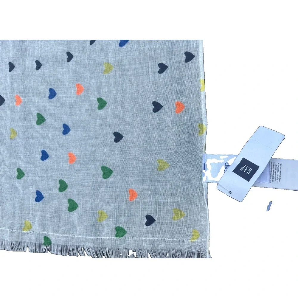 Gap Scarf Multi Color Heart Print On White Fringes 6 Ft Long Polyester New